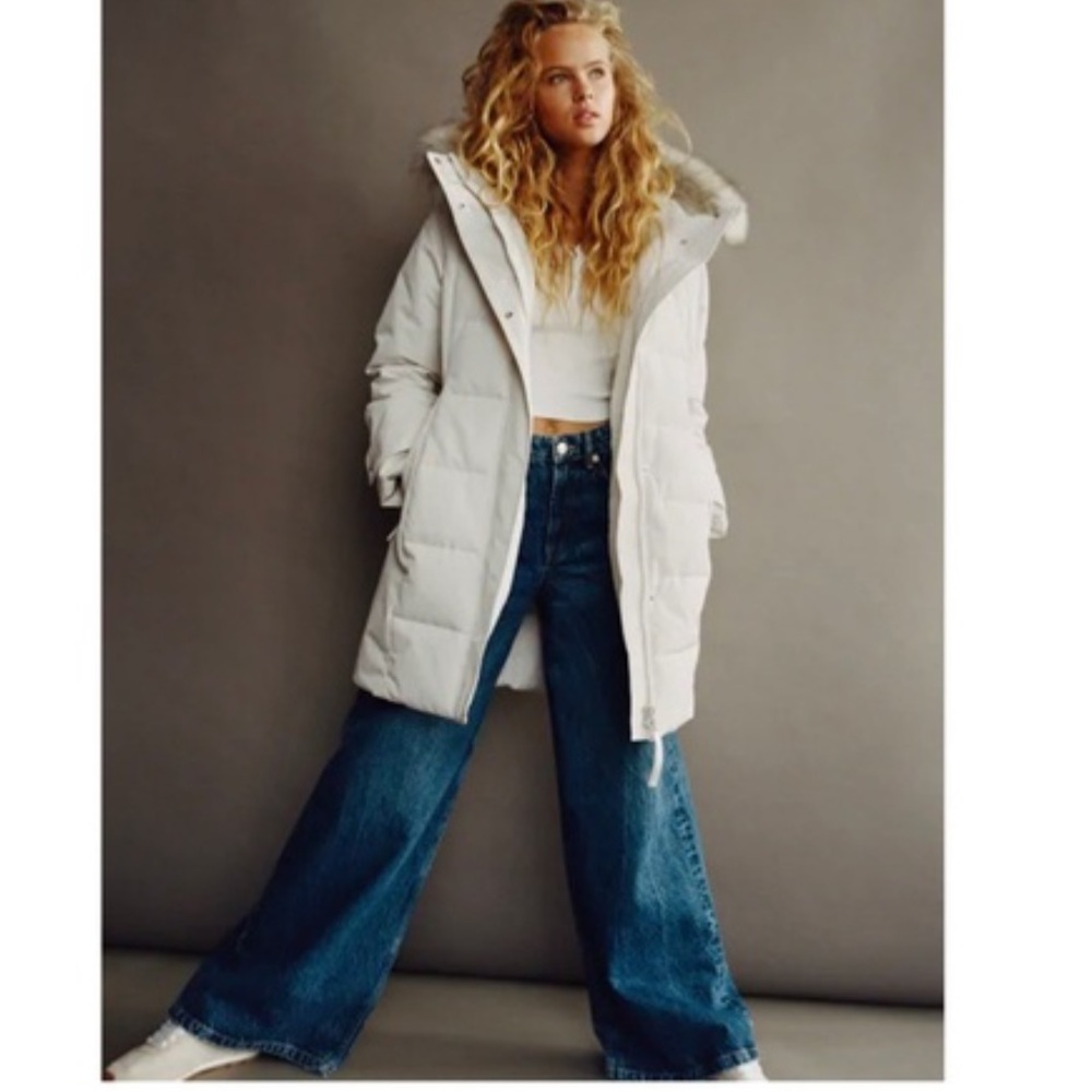 ZARA NWT Water Repellent Long Padded Puffer Parka Coat, Off White, Size Medium